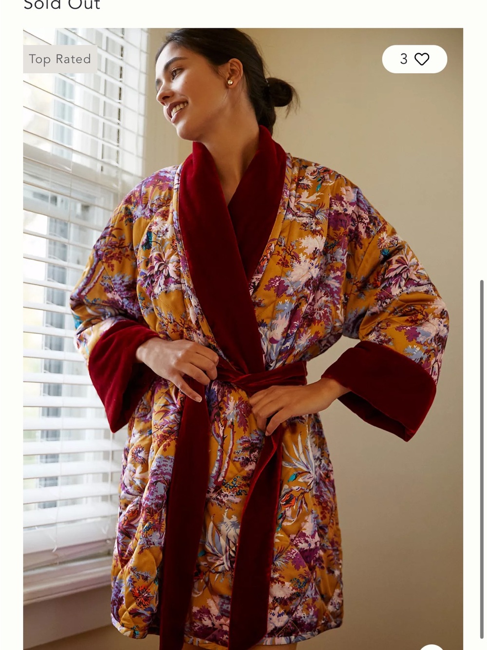 NWT Anthropologie Quilted Floral Satin Robe in Mustard and Burgundy